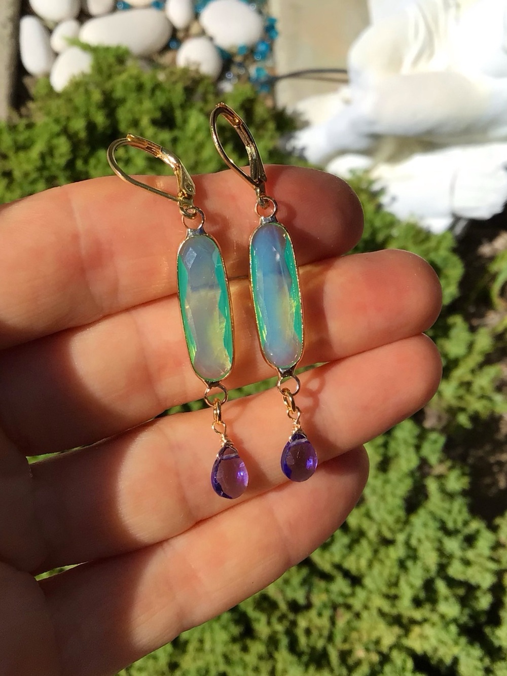 Blue mint chalcedony bezel tanzanite quartz gold plated Earrings - Picture 11 of 13